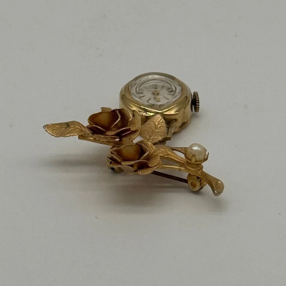 Vintage 60s Golden Shield Swiss Made Mechanical Rose Lapel Watch Brooch Pin